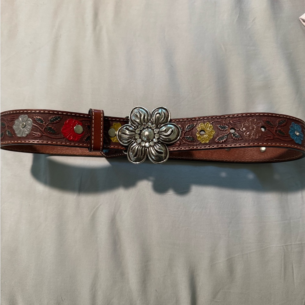 Floral Embellished Brown Leather Belt